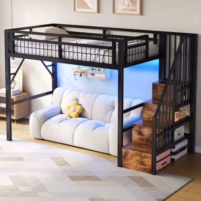 Letto a soppalco singolo 90 × 200 cm, LED regolabile, scala con contenitore, senza materasso, metallo e MDF nero