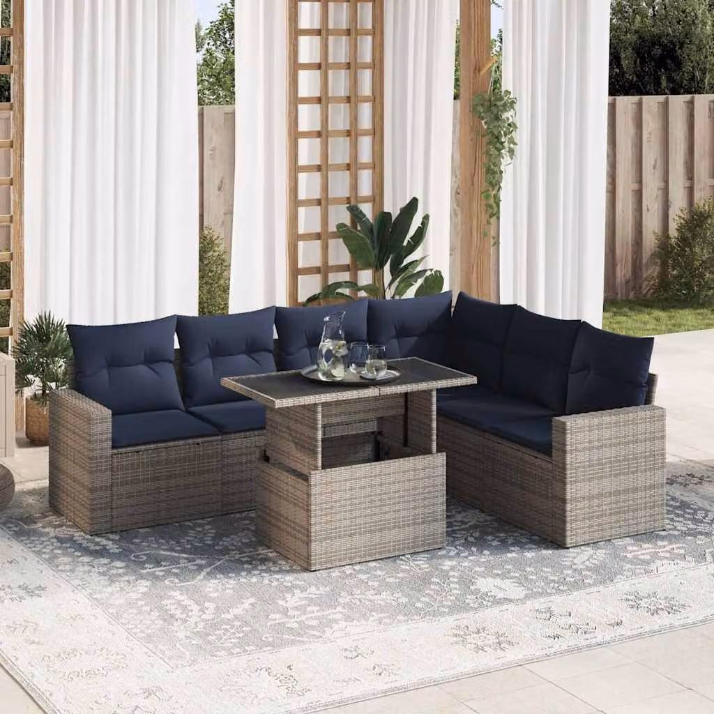 Set Divano da Giardino a L vidaXL in Polyrattan con Cuscini e Tavolino da Caffè, 7 Pezzi, Colore Nero e Grigio