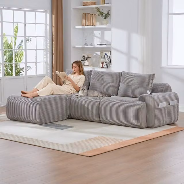 Divano Modulare 3 Posti con Poggiapiedi ¨C MINIMAL ¨C Tessuto Grigio Chiaro
