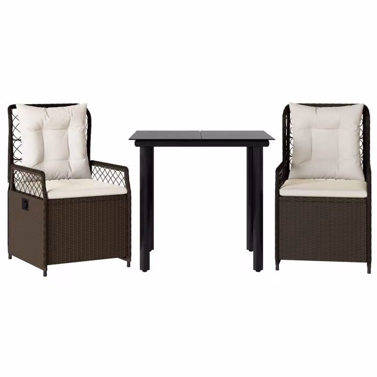 Set da Pranzo da Giardino 3pz con Cuscini in Polyrattan Marrone