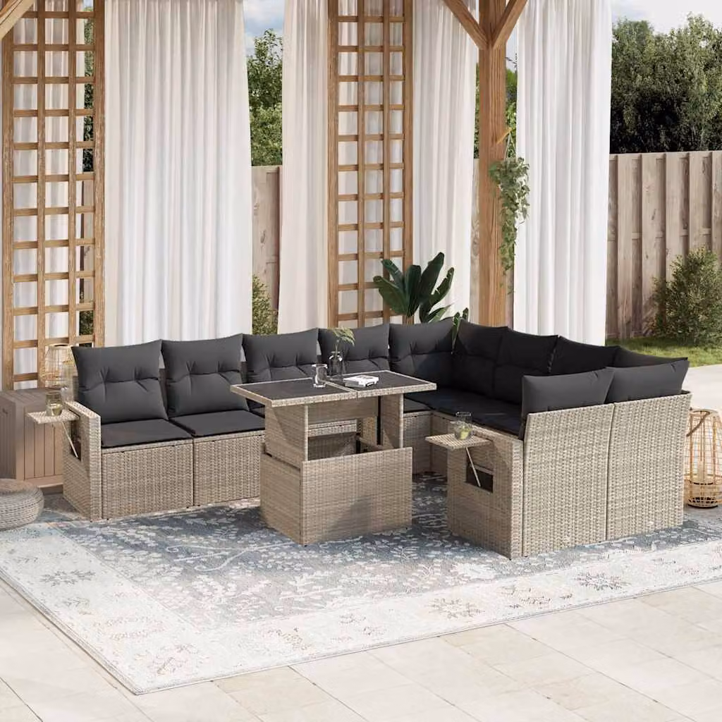 vidaXL Set Divano da Giardino 10 pz a Forma a L in Polyrattan con Cuscini Antracite e Tavolino da Esterno – 1