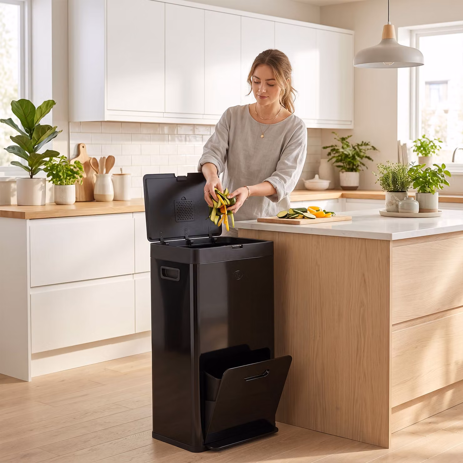 Bidone da cucina a pedale HOMCOM in acciaio inossidabile con 3 scomparti, chiusura morbida e filtro per odori, Nero, 56 l – 2