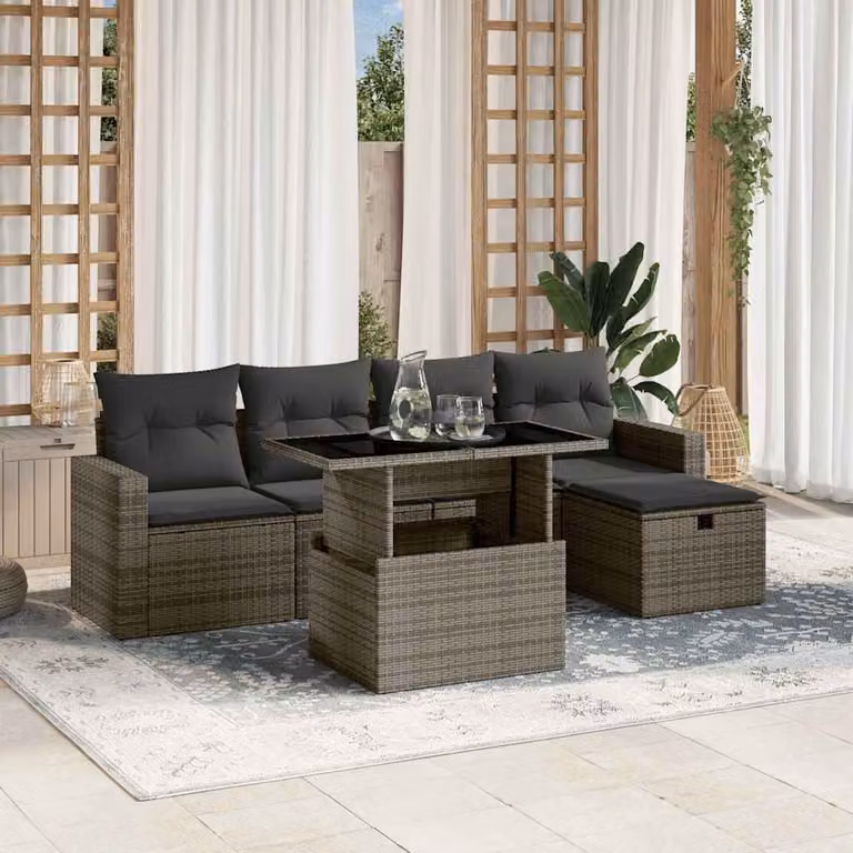 vidaXL Set Divano da Giardino a L in Polyrattan Grigio con 6 Pezzi e Cuscini Imbottiti