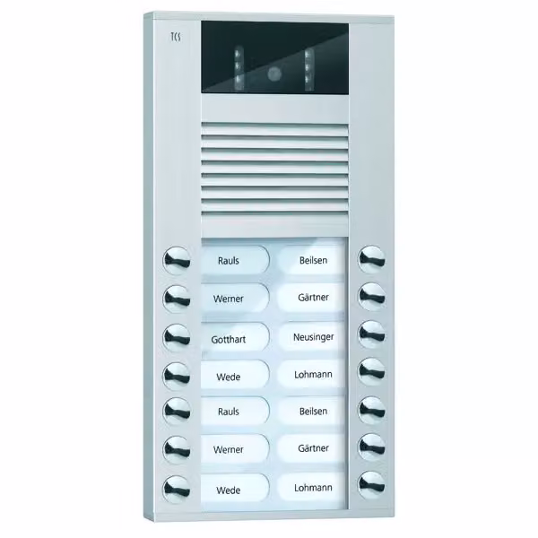 Postazione esterna video con telecamera a 130 gradi, serie AVE, con 14 pulsanti di campanello (allineati a destra/a sinistra), AP argento TCS AVE14143-0010