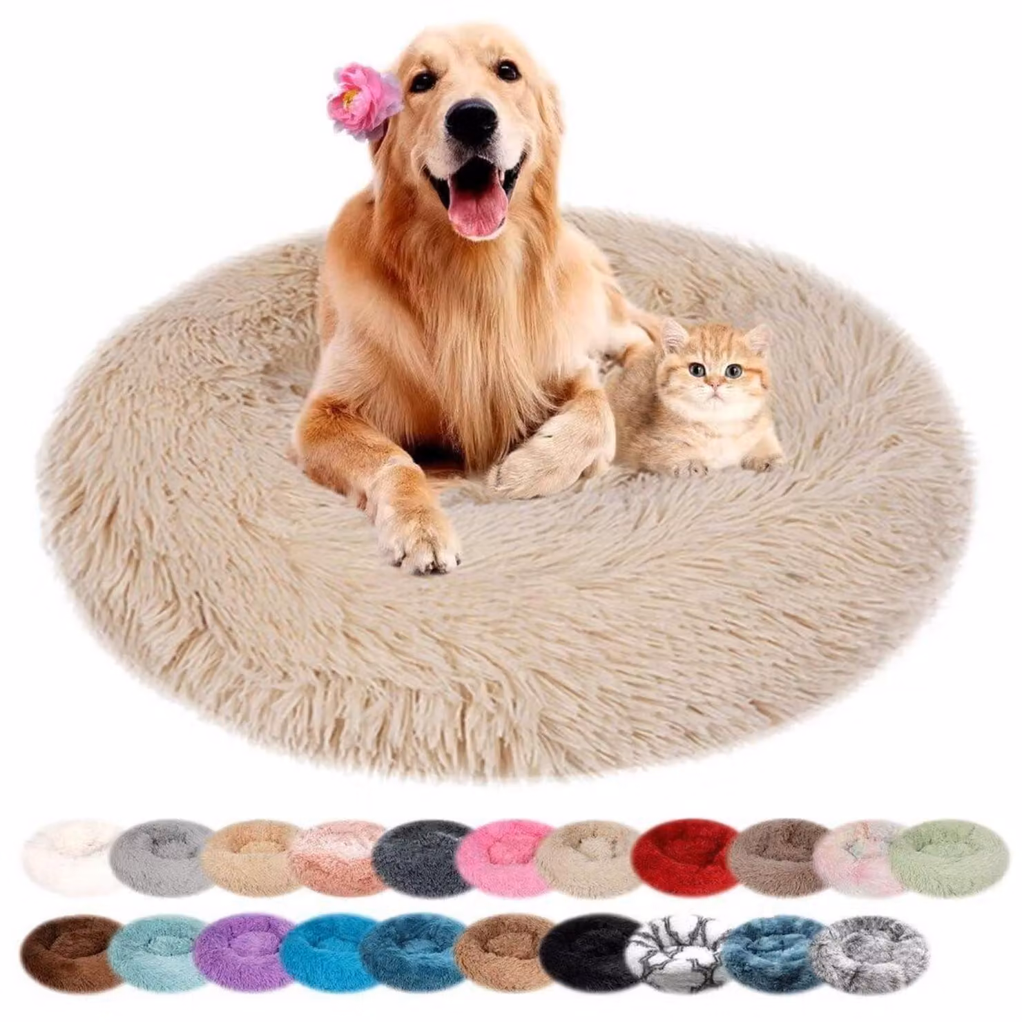 Cuccia per cani, rotonda, in peluche, lavabile, color beige, diametro 70 cm