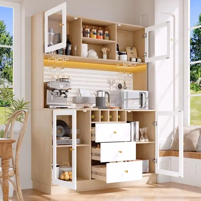 Mobile colonna da cucina con LED; portabottiglie e portabicchieri in MDF; metallo e vetro bianco 140 × 40 × 185.7 cm
