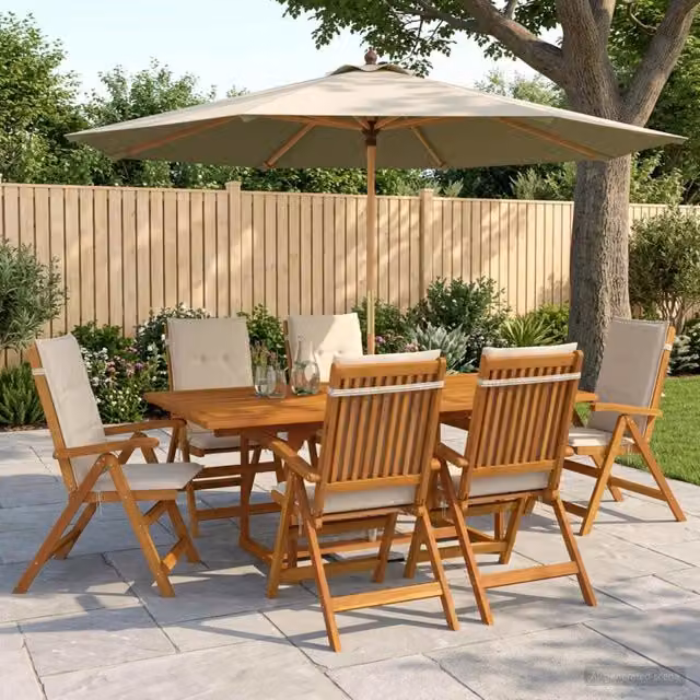 Set da pranzo da esterno vidaXL in legno di acacia ed eucalipto con ombrellone, 8 pezzi per 6 persone, marrone