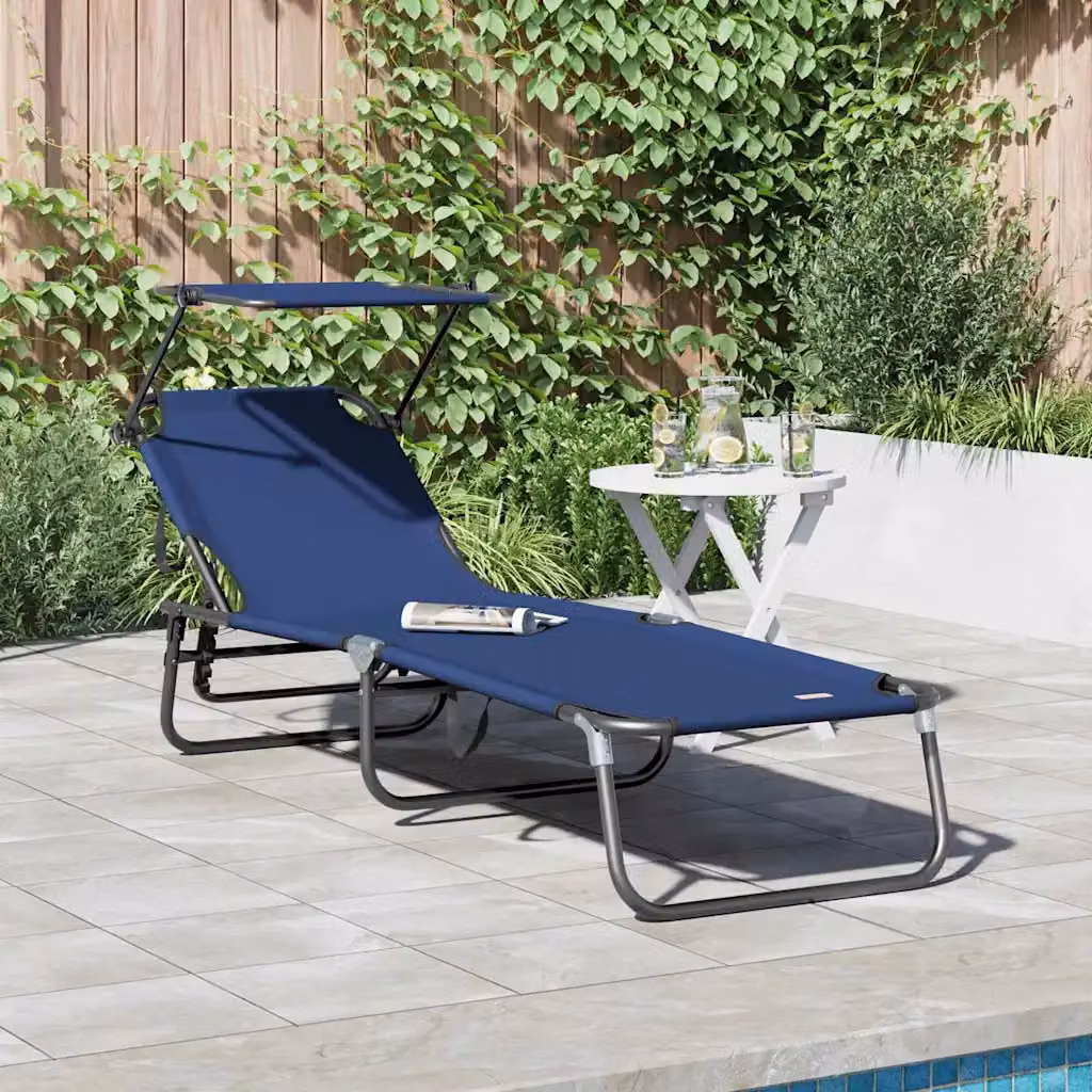 vidaXL Lettino prendisole pieghevole blu con parasole e poggiatesta regolabile L: 190 cm, P: 57 cm, H: 81 cm