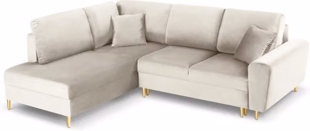 Divano angolare convertibile con contenitore Kyoto di Cosmopolitan Design, modello a 5 posti in velluto beige e oro, lato sinistro, L 243 cm x P 194 cm x H 88 cm