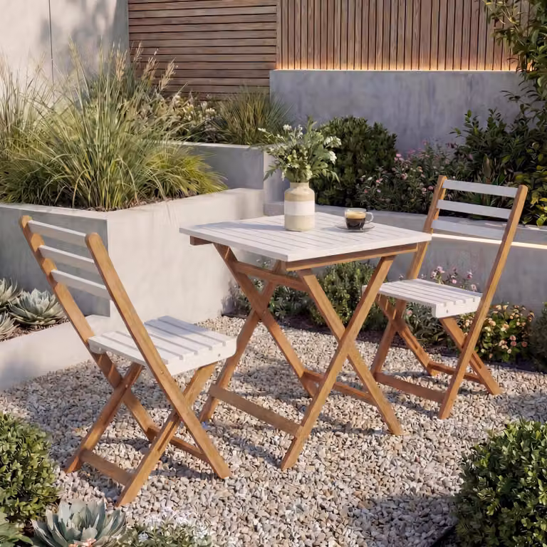Set MCW-P71, set da giardino con divano e tavolino, 2 sedie, legno di acacia pieghevole ~ bianco naturale