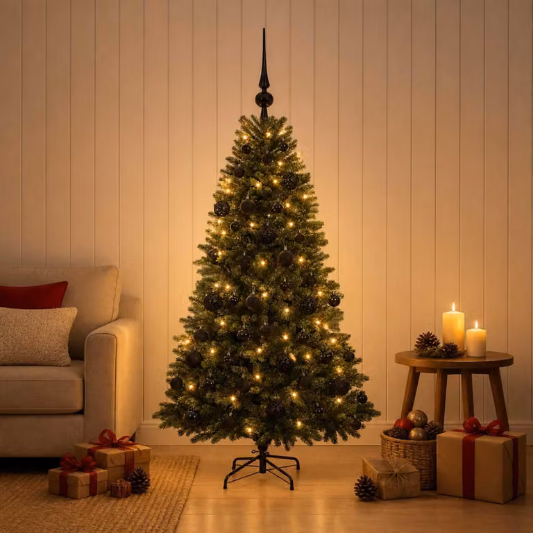 Albero di Natale artificiale con decorazioni a sfera, altezza 120 cm, 150 luci LED