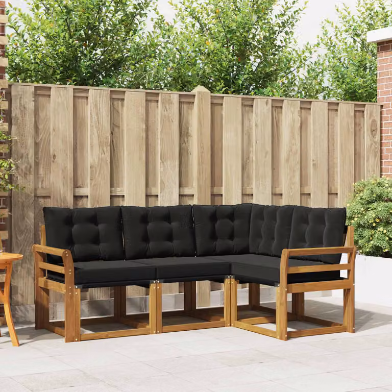 Set di divani da esterno vidaXL a forma di L composto da 4 pezzi in legno di acacia trattato e textilene, colore marrone e nero