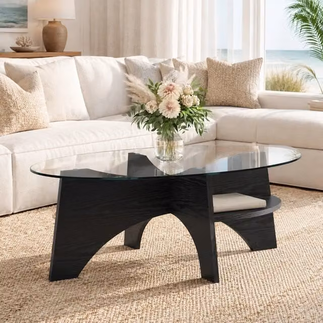 Tavolino basso fisso ovale per soggiorno con vetro di sicurezza e struttura in MDF nero 104.9 × 60 × 35.6 cm