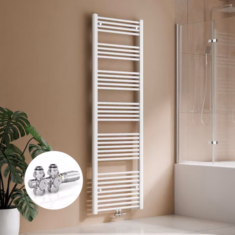 Radiatore da bagno 180 × 60 cm, 860 W, bianco, con kit valvola per collegamento centrale, design lineare, radiatore asciuga-asciugamani – S'AFIELINA