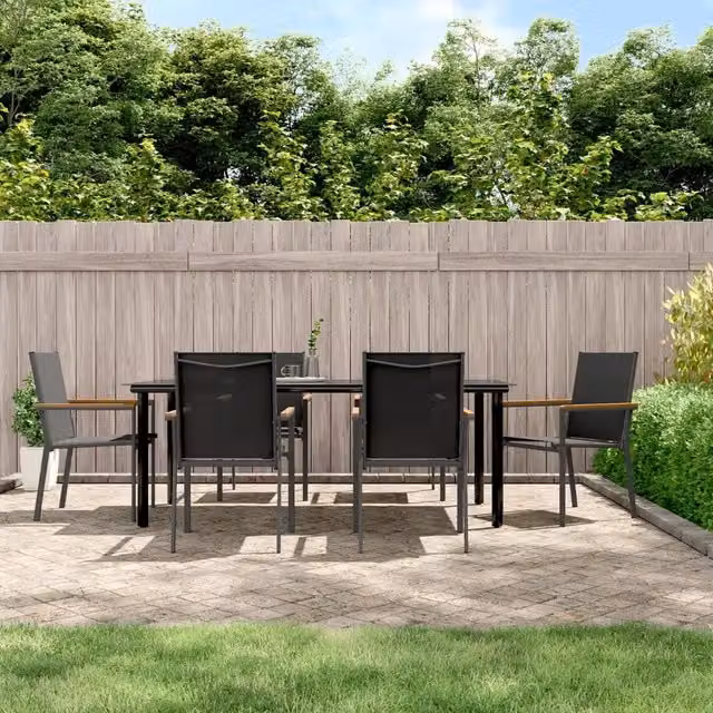 Set da pranzo da giardino moderno vidaXL in vetro e acciaio nero composto da 7 pezzi
