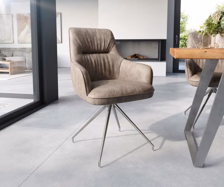 DELIFE Sedia da pranzo Zelia-Flex con braccioli, rivestita in microfibra color tortora, stile vintage, struttura a croce conici in acciaio inossidabile, imbottitura a molle insacchettate