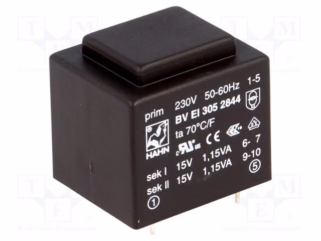 1 trasformatore: rivestito, 15V, 230VAC, 2,3VA, 15V, 76mA, 76mA, 111g, BV, EI 305, 2844 -T