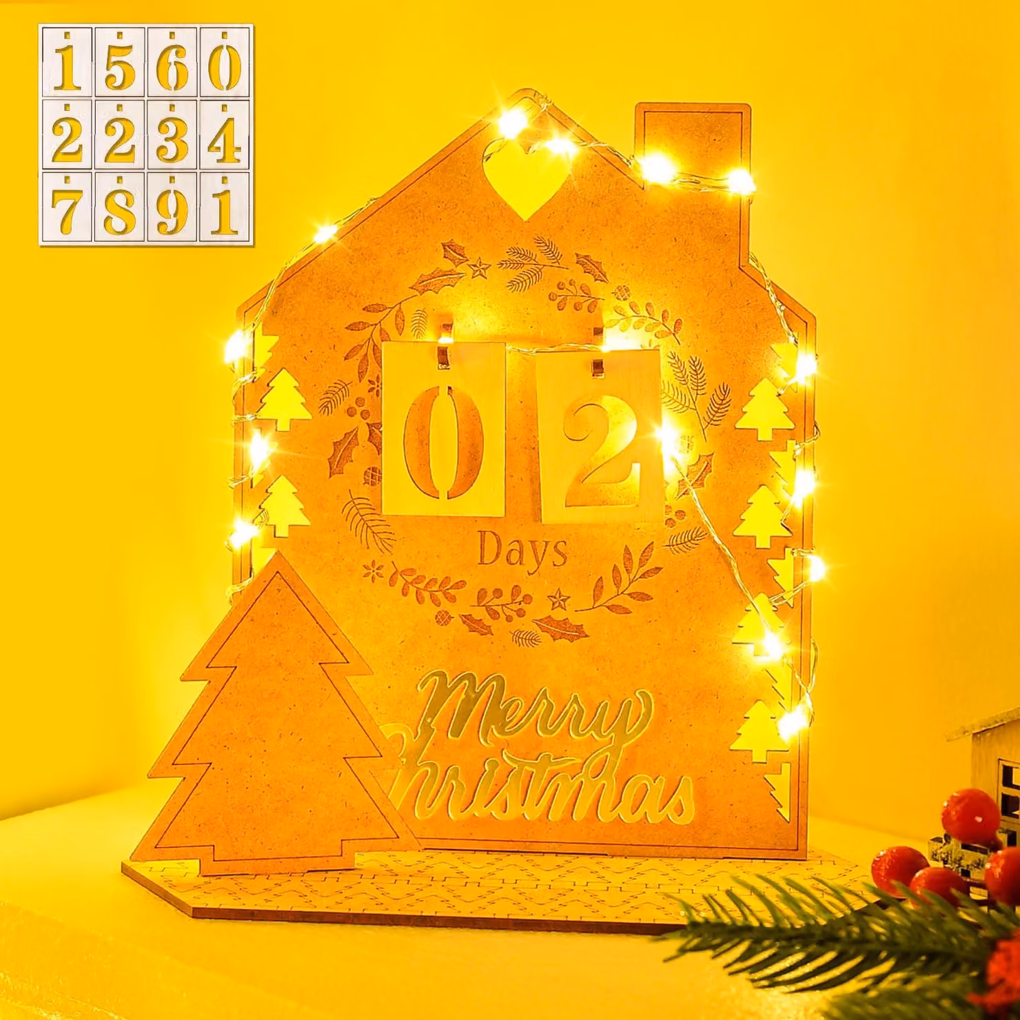 Calendario dell'Avvento in legno con catena di luci a LED, per 24 giorni