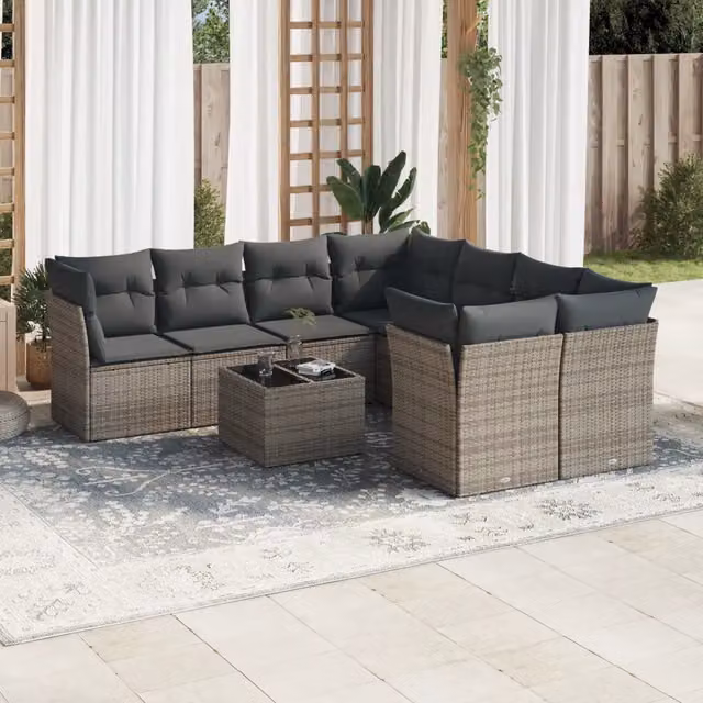 Set Divano da Giardino 9 pz con Cuscini Grigio in Polyrattan 3249159