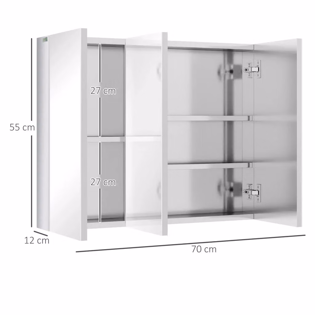 Mobiletto da bagno WISHDOR moderno con specchio e ripiani interni in metallo argento, L: 70 cm, H: 55 cm, P: 12 cm – 2