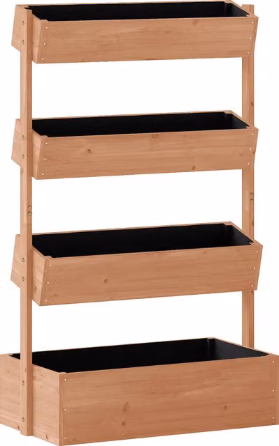 Letto da giardino rialzato Outsunny in legno marrone con fioriera verticale, sistema di drenaggio e rivestimento per orto o erbe aromatiche – 1