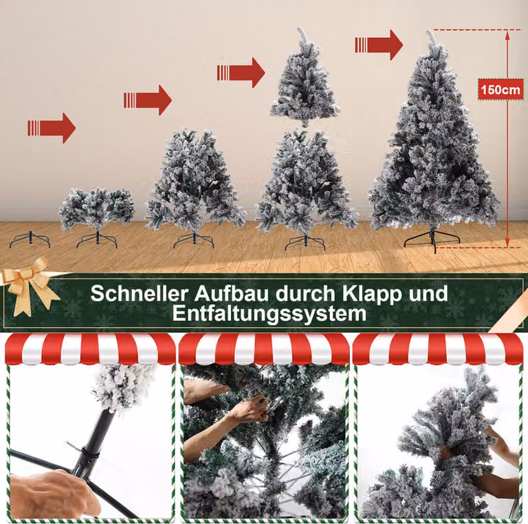 Jopassy 150 cm albero di Natale artificiale con neve, 550 aghi in PVC e supporto in metallo, abete, albero di Natale, sistema pieghevole a montaggio rapido