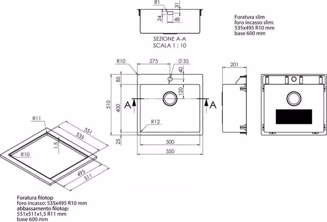 Lavello da incasso in acciaio inox a una vasca con foro per miscelatore 55x51cm Coveh