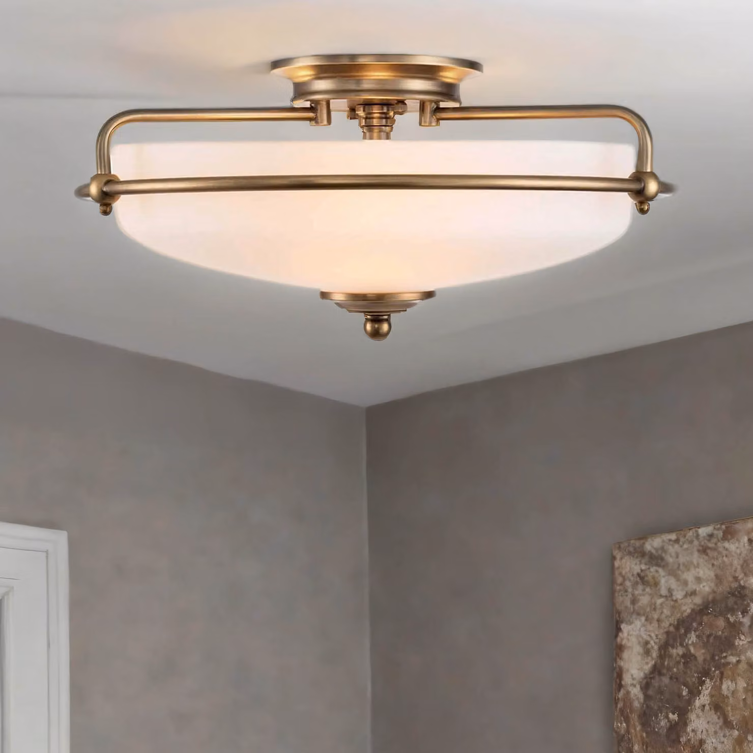Plafoniera vetro metallo E27 rotonda Ø 42,2 cm in ottone bianco antico Plafoniera a 3 luci Art Nouveau
