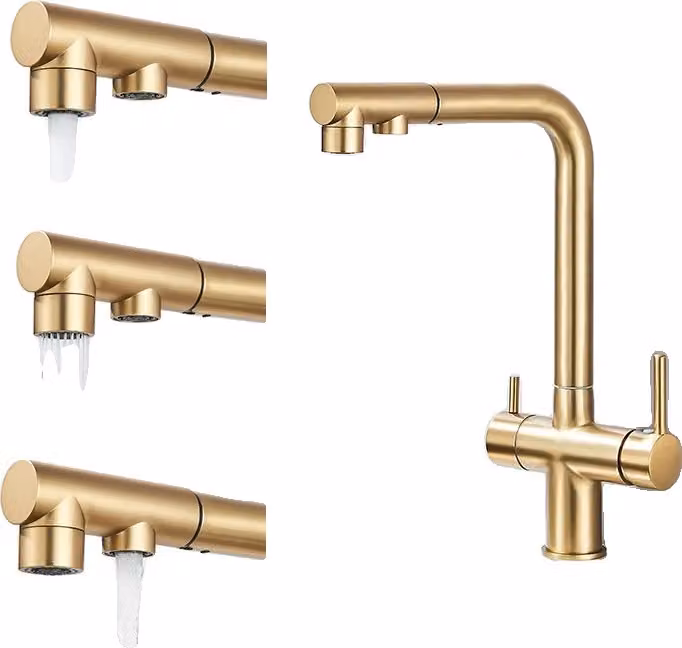 Rubinetto da cucina, design a doppia maniglia, rotazione di 360 gradi, oro spazzolato