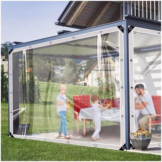 Telo da tetto in PVC trasparente con occhielli, impermeabile, 420 g/m², per pergolati, balconi, mobili da giardino, 2x1 m.