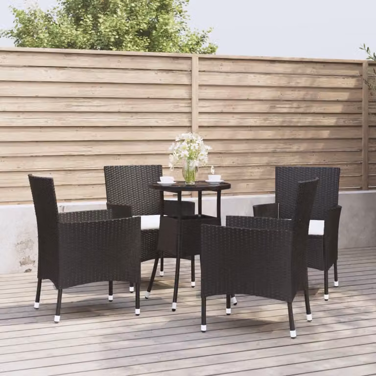 Set Bistrò da Giardino vidaXL in Polyrattan Nero con Cuscini e Tavolo in Vetro, 5 Pezzi
