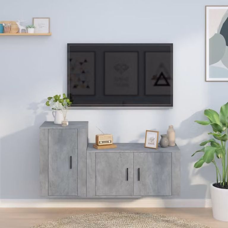 Set di mobili porta TV da parete vidaXL in 2 pezzi, stile classico, colore grigio cemento e legno, finitura opaca