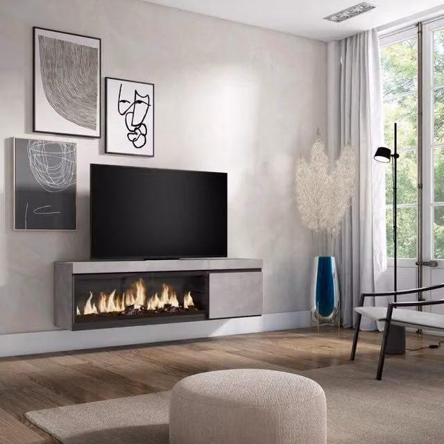 Mobile TV Soggiorno, 158x35x45cm, Per TV fino a 65", Camino elettrico XXL, da appendere, grigio cemento RF3241