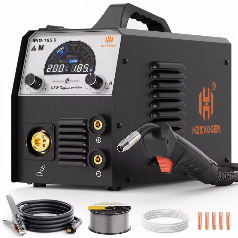 Saldatrice MIG 185A 4-in-1: gas MIG, MMA, saldatura TIG con accensione a sollevamento. Potenza: 56 W. Materiale: ABS. Colore: nero