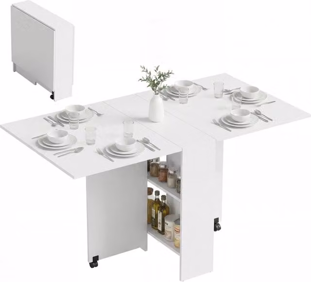 Tavolo da pranzo pieghevole XYLO bianco con ruote e piano a farfalla, L: 140 cm, P: 75 cm, H: 74 cm