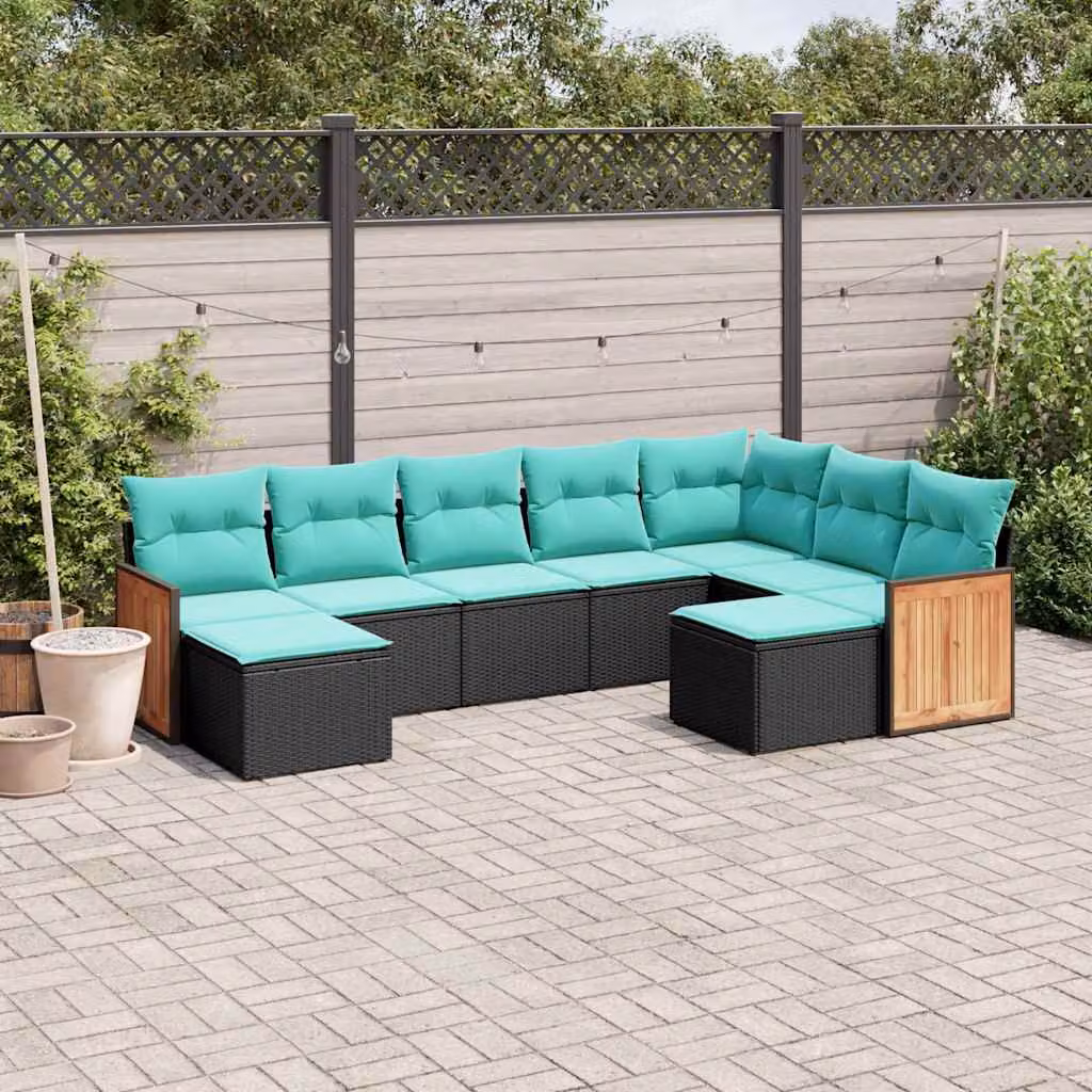 Set di divani da giardino vidaXL in polyrattan nero con cuscini e pouf a forma di U per esterno