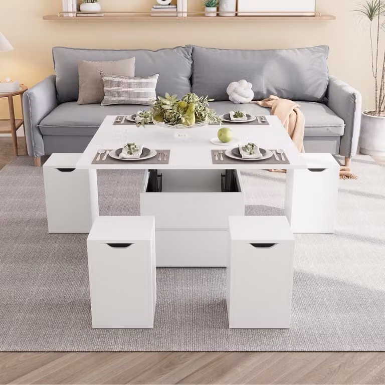 Tavolino da divano regolabile in altezza, con poggiapiedi, bianco, in legno, dimensioni 39,4'' x 39,4''