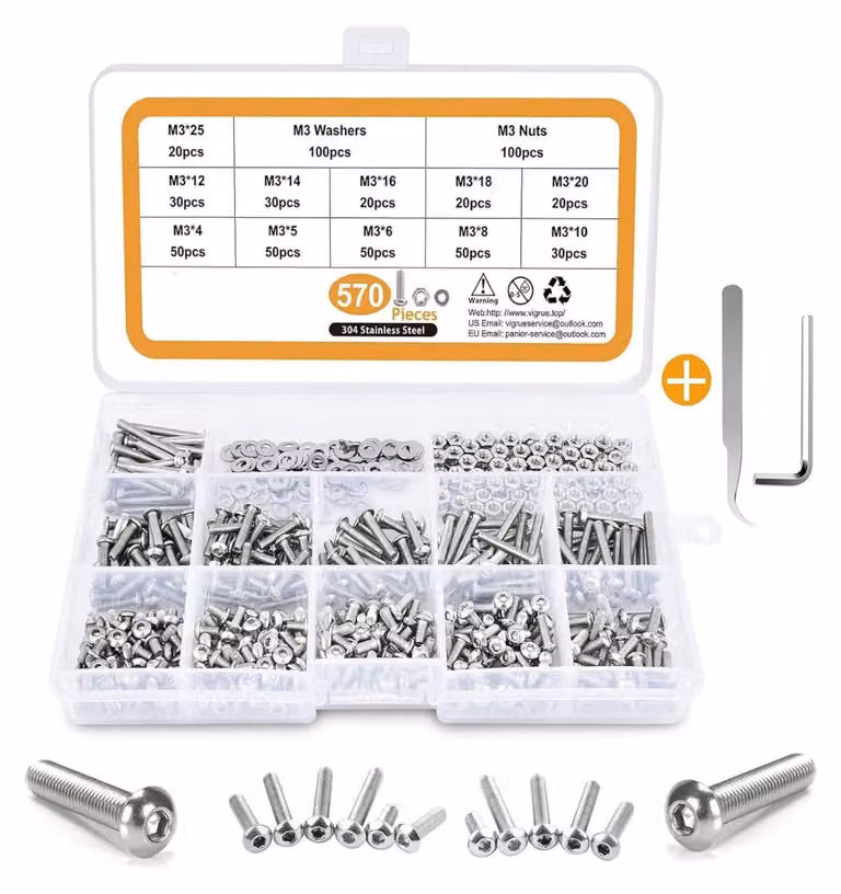 Assortimento di viti a Esagono M3 in acciaio inox con dadi e rondelle (570 pezzi)