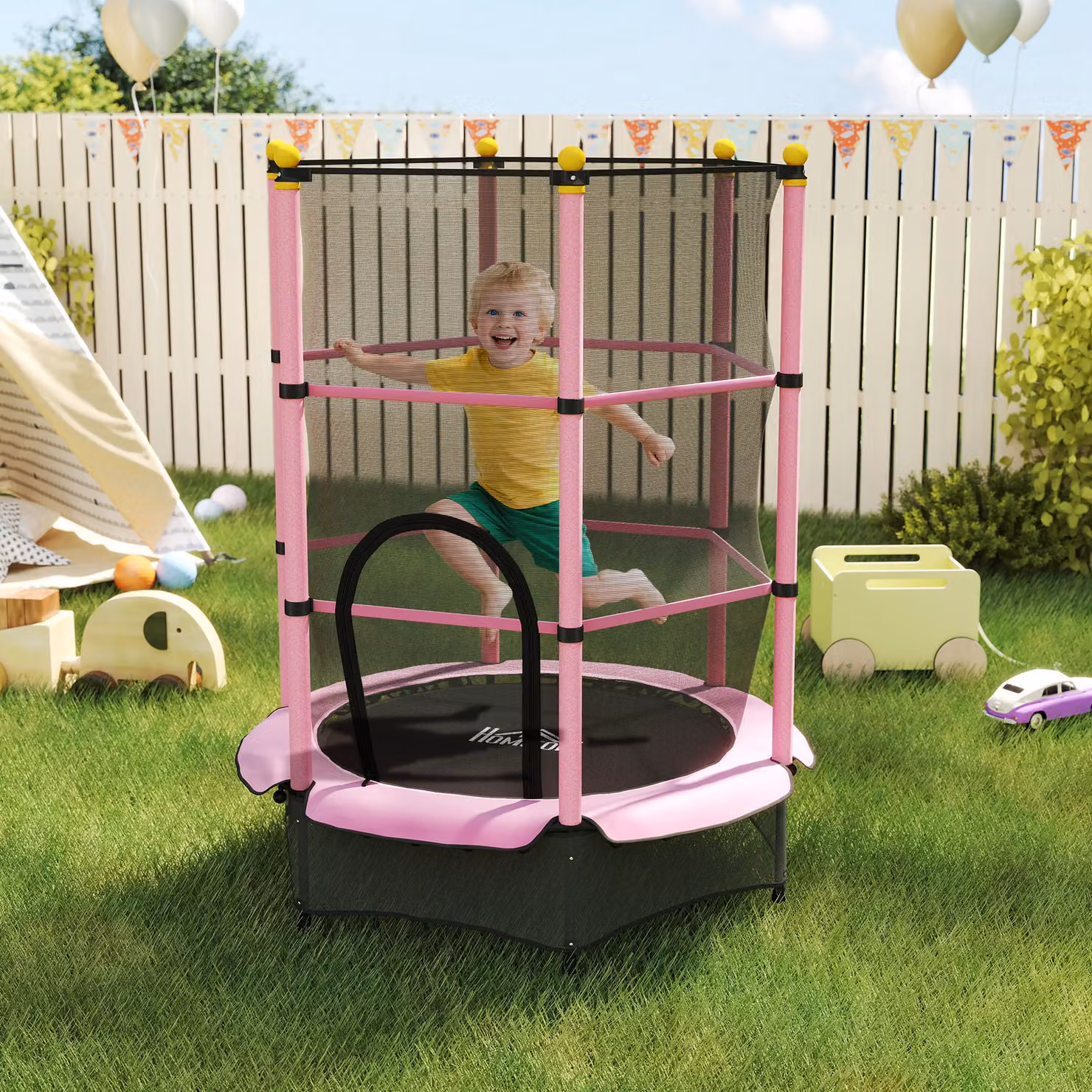 Mini Trampolino Elastico HOMCOM per Bambini con Rete di Sicurezza e Pali Imbottiti, Rosa, L/P: 190 x 140 cm – 2