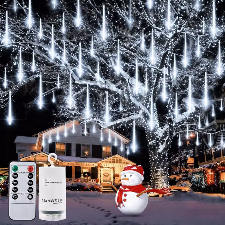 144 lampade a LED effetto pioggia, luce bianca fredda, alimentate a batteria, con telecomando