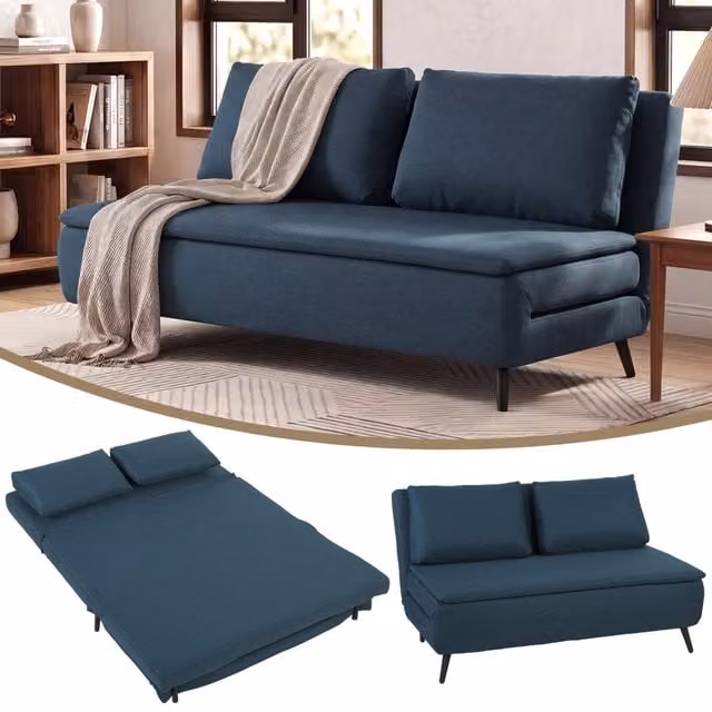 Divano Letto 3 in 1 ¨C Minimal ¨C Blu, Tessuto, Dossier Regolabile, Cuscino