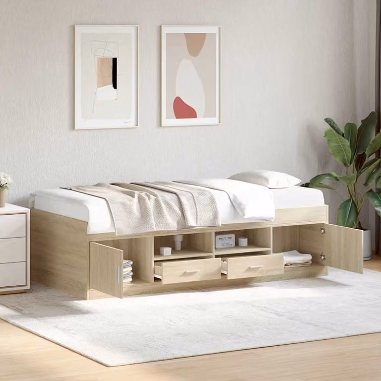 vidaXL Divano Letto Moderno con Cassetti in Legno Rovere, Colore Marrone e Beige, L/P/H: 193 x 78 x 52 cm