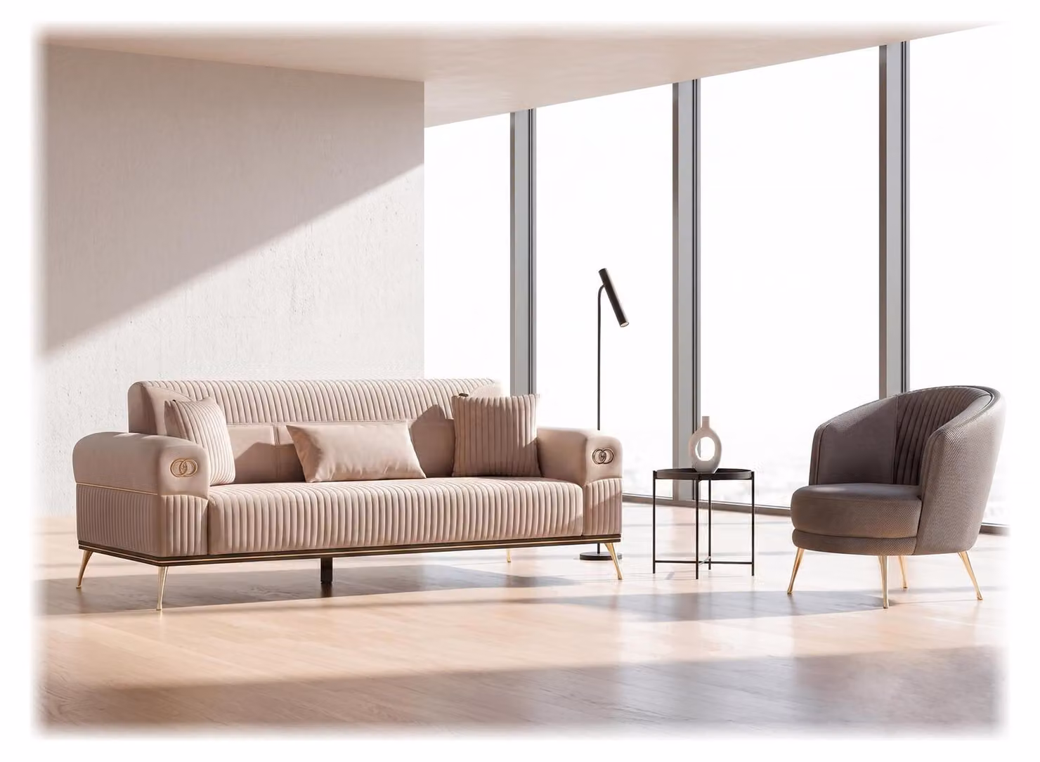 Set divano composto da: 1 divano a 3 posti, 1 poltrona. Design moderno, colore rosa, elegante rivestimento