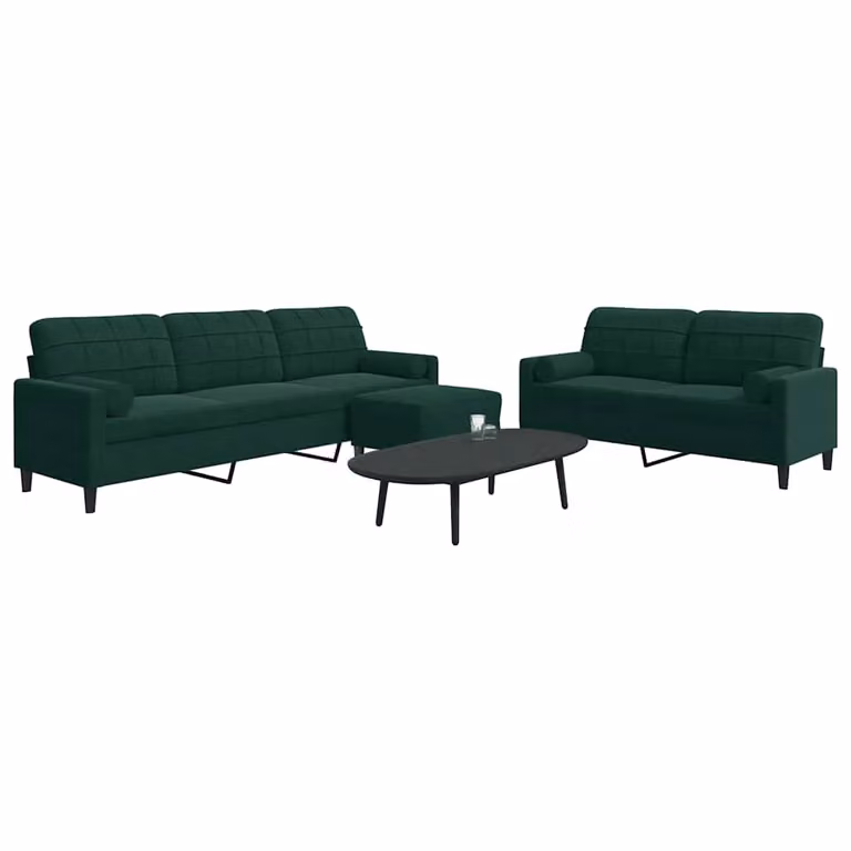 Set di divani 3 pezzi vidaXL in velluto verde con pouf e cuscini, design moderno con struttura in metallo per il tuo soggiorno