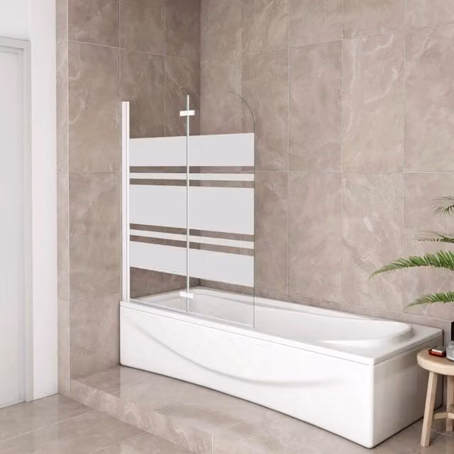 Sopravasca Parete per Vasca da Bagno con 2 Ante Movibili, Montaggio Sinistro, Vetro Temperato da 6 mm con Serigrafia Bianca e Trattamento Anticalcare, L/P/H: 120 x 140 cm