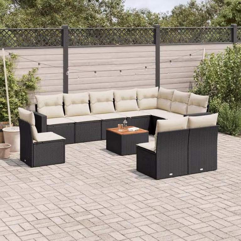 vidaXL Set Divani da Giardino 11 pz a Forma a U con Cuscini e Tavolino da Esterno in Polyrattan e Acciaio Nero