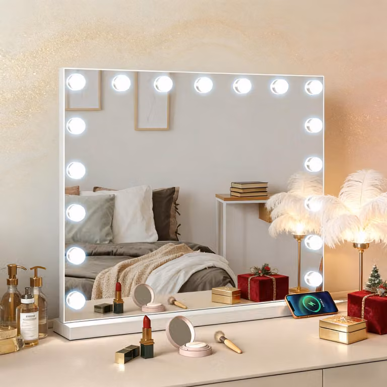 Specchio da trucco in stile Hollywood - Bianco - 17 luci LED - Intensità regolabile - In legno - Ideale per il comodino - Specchio da terra
