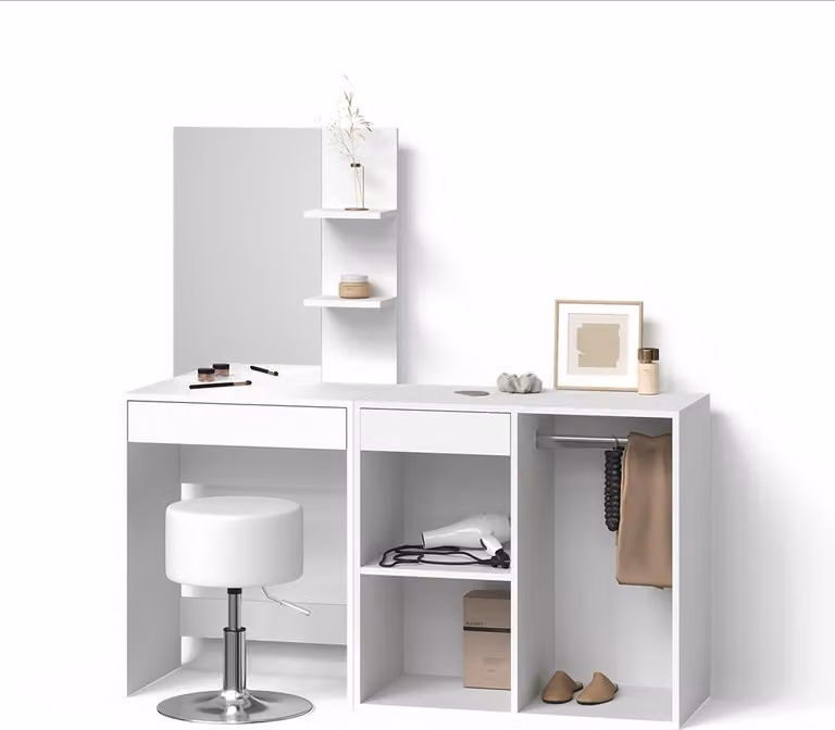 Tavolino da toilette Livinity Nola Bianco 140 cm con specchio, sgabello e mobile aggiuntivo, Model 53059