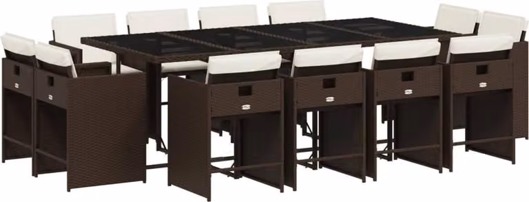 Set da Pranzo da Giardino 13pz con Cuscini Marrone Polyrattan