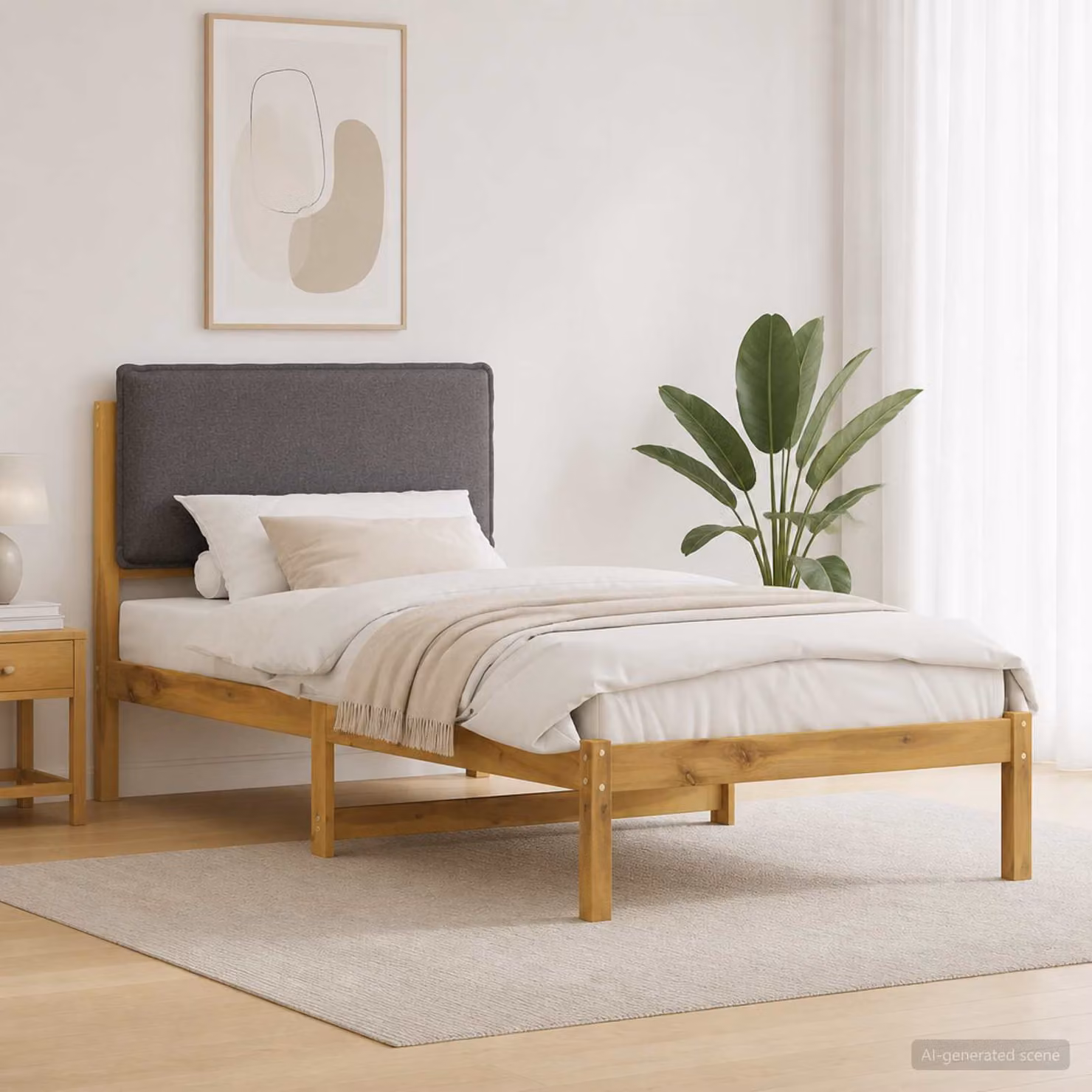 Letto con testiera rivestita vidaXL in legno di acacia e tessuto, Bianco lavato e Grigio chiaro, L/P/H: 140 x 200 x 86 cm